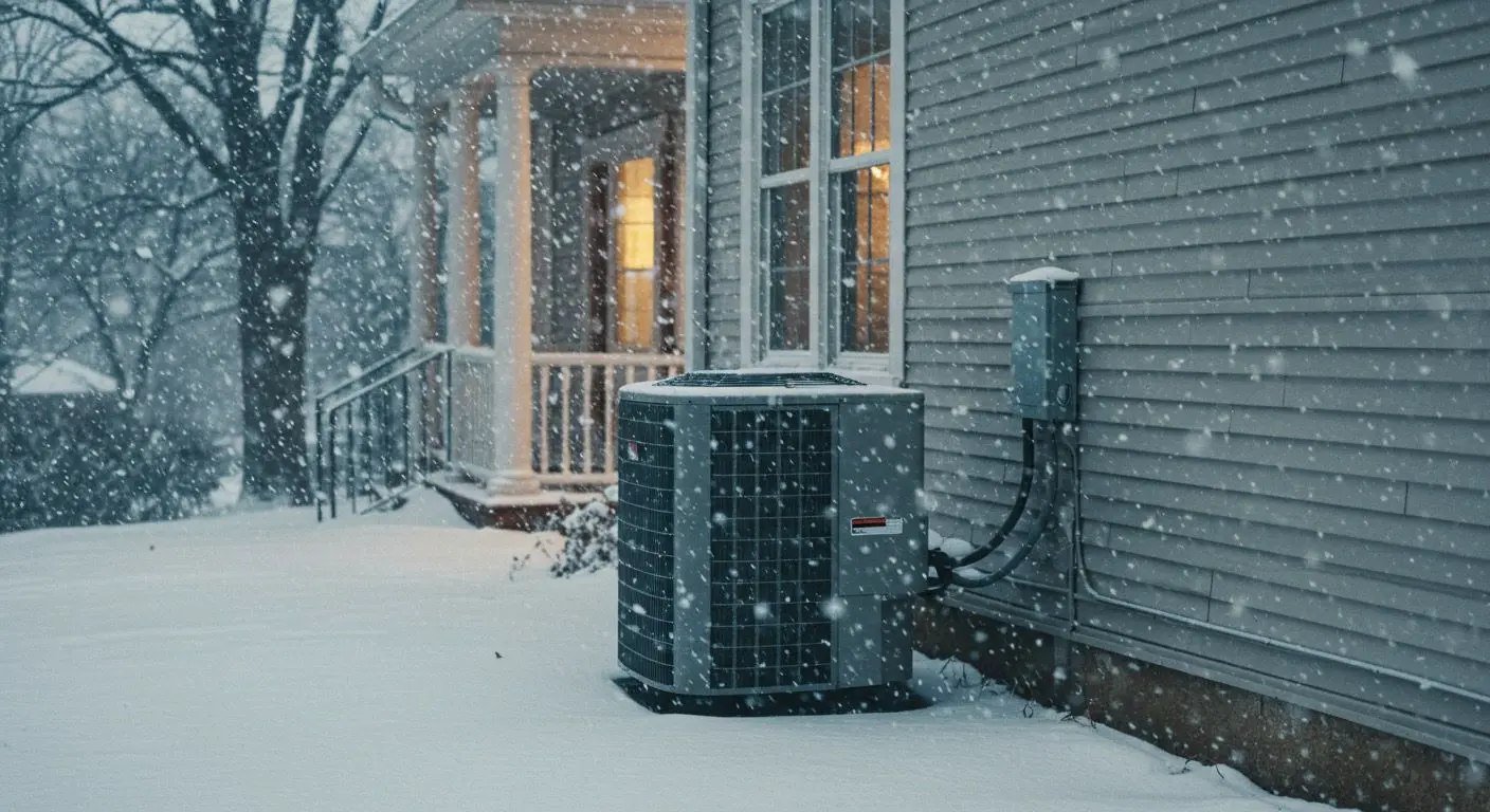 An outdoor heat pump unit operating during heavy snowfall, providing efficient home heating in winter.