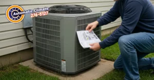 Homeowner pressing reset button on air conditioner in backyard with manual nearby