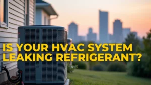 Outdoor HVAC unit installed beside a house with a city skyline visible in the background during sunset. Text overlay reads: "Is Your HVAC System Leaking Refrigerant?