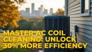 HVAC technician cleaning AC coils with a brush and spray cleaner, surrounded by energy efficiency symbols