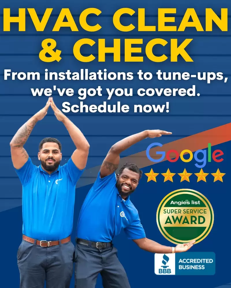 Two HVAC technicians offering clean and check services, with Google 5-star rating and Angie's List Super Service Award