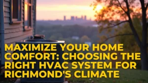 Comparison of HVAC systems for Richmond homes, showing central air, heat pumps, ductless mini-splits, and geothermal systems against a backdrop of a comfortable living room.