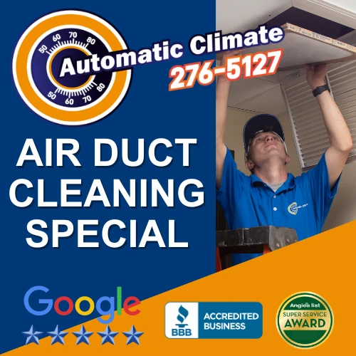 Advertisement for Automatic Climate air duct cleaning service featuring a technician working on ductwork