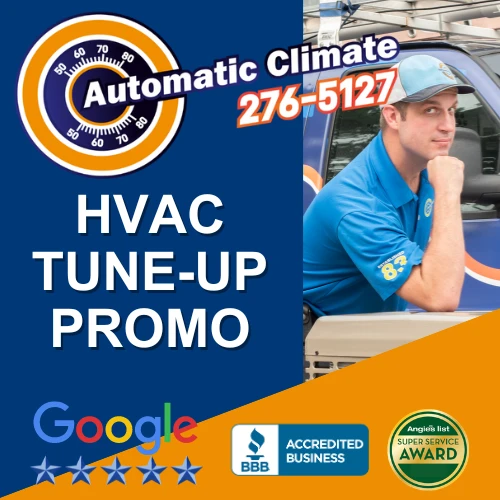 Advertisement for HVAC tune-up services by Automatic Climate showing a technician next to a service vehicle