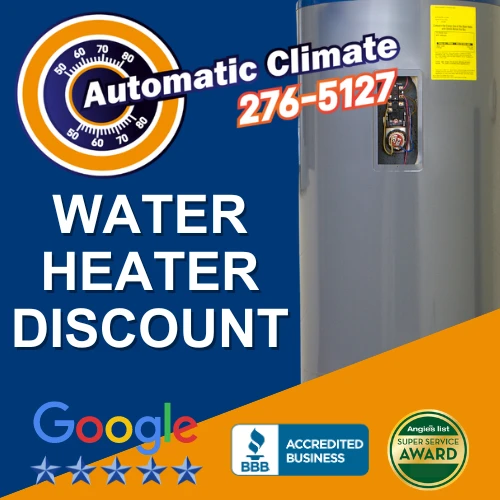 Promotional image for water heater discount by Automatic Climate featuring a water heater unit