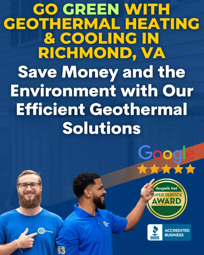 Professional geothermal HVAC technicians in blue uniforms with company logos, displaying Google 5-star rating, Angie's List Super Service Award, and BBB Accreditation