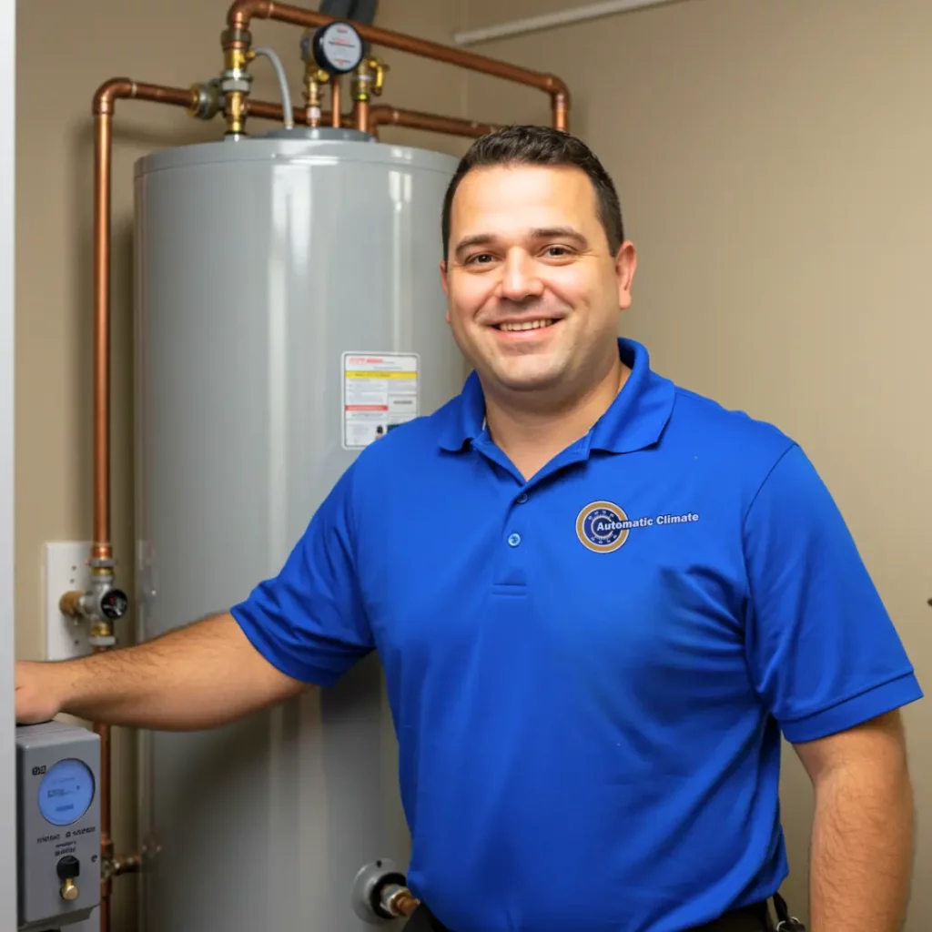 A smiling HVAC technician in a blue polo shirt with the "Automatic Climate" logo, standing beside a hot water heater and copper piping