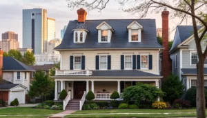 A beautifully maintained, classic colonial-style home in Richmond, VA, with a manicured lawn and vibrant landscaping, set against the backdrop of the city skyline.