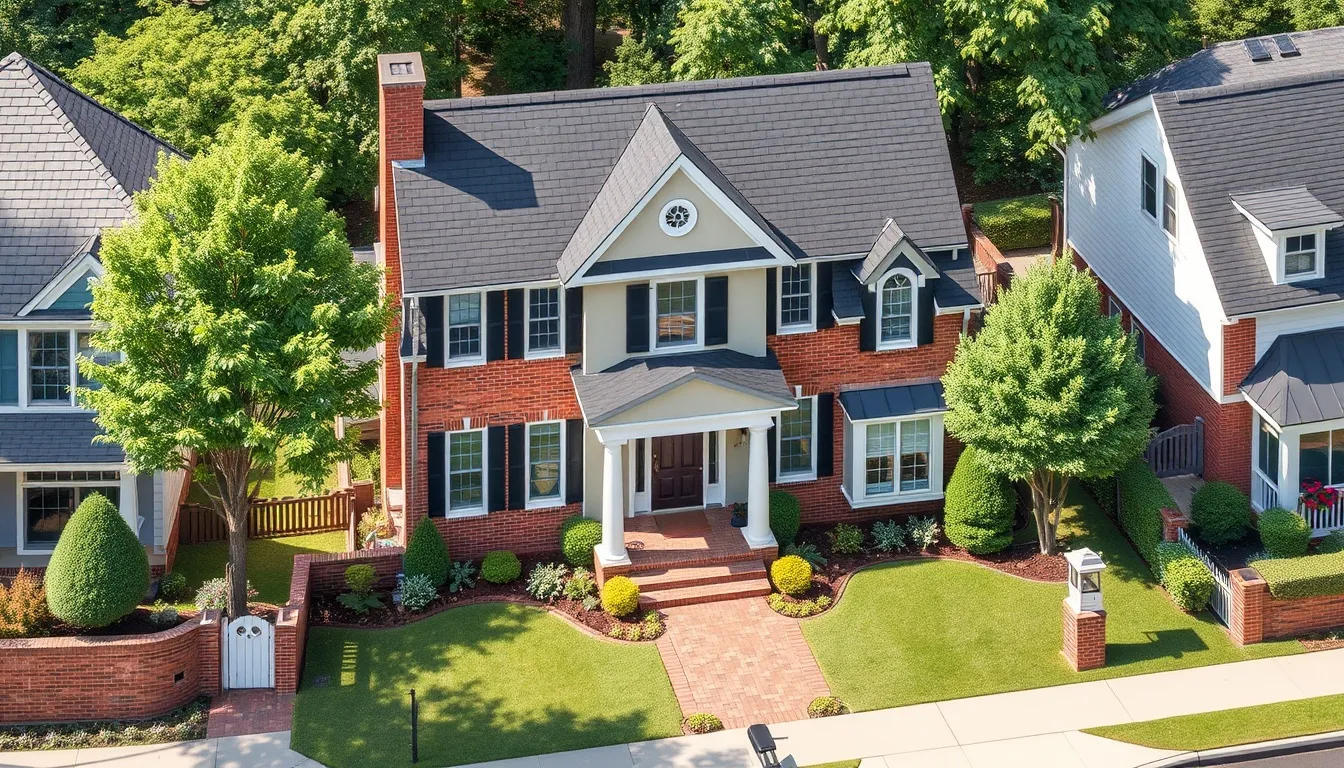 A stunning two-story colonial-style brick home in Richmond, VA, with a manicured lawn, lush landscaping, and elegant architectural details.