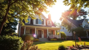 A beautiful two-story home in Richmond, VA, surrounded by lush greenery, illuminated by soft morning sunlight.