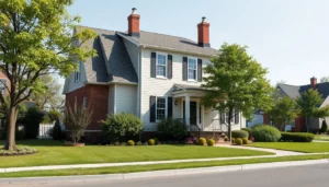 A charming colonial-style home in a quiet Richmond, VA neighborhood, featuring a well-manicured lawn, lush trees, and classic architectural details.