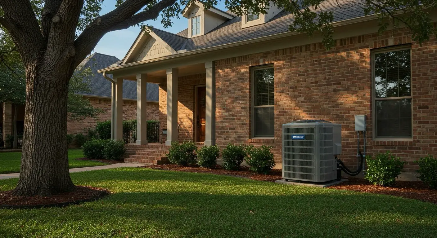 Outdoor HVAC unit beside a brick house, surrounded by a green lawn and landscaping.