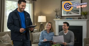 HVAC technician meeting with homeowners in living room to discuss Energy-Efficient Heating