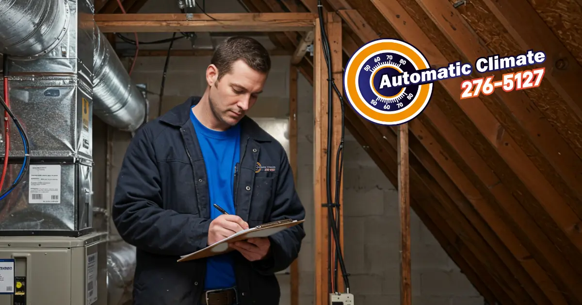 HVAC technician inspecting the right heating system in attic