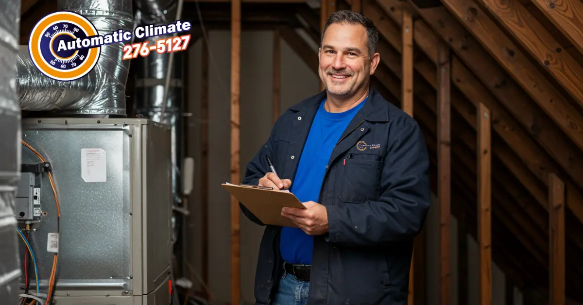 HVAC technician inspecting system in attic tp offer Seasonal Heating Tips