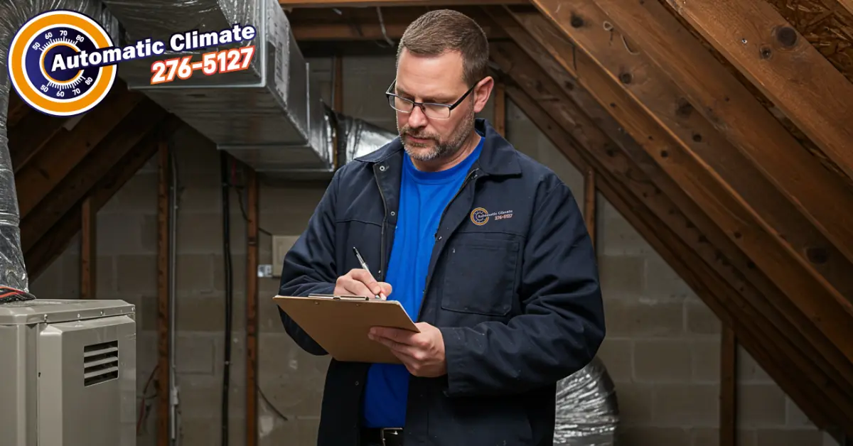 Technician in living room with clipboard