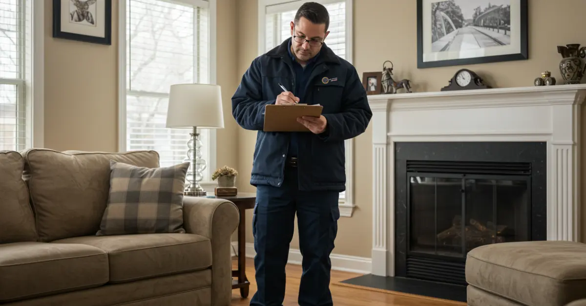 Richmond VA HVAC Technician in uniform writing on clipboard in cozy living room with beige couch, wooden end table, large windows, and white fireplace.