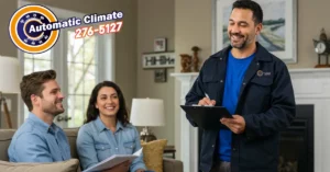 HVAC technician discussing with homeowners in living room