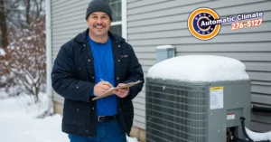 Smiling HVAC technician wearing a winter hat and holding a clipboard while standing next to a snow-covered outdoor heating unit.