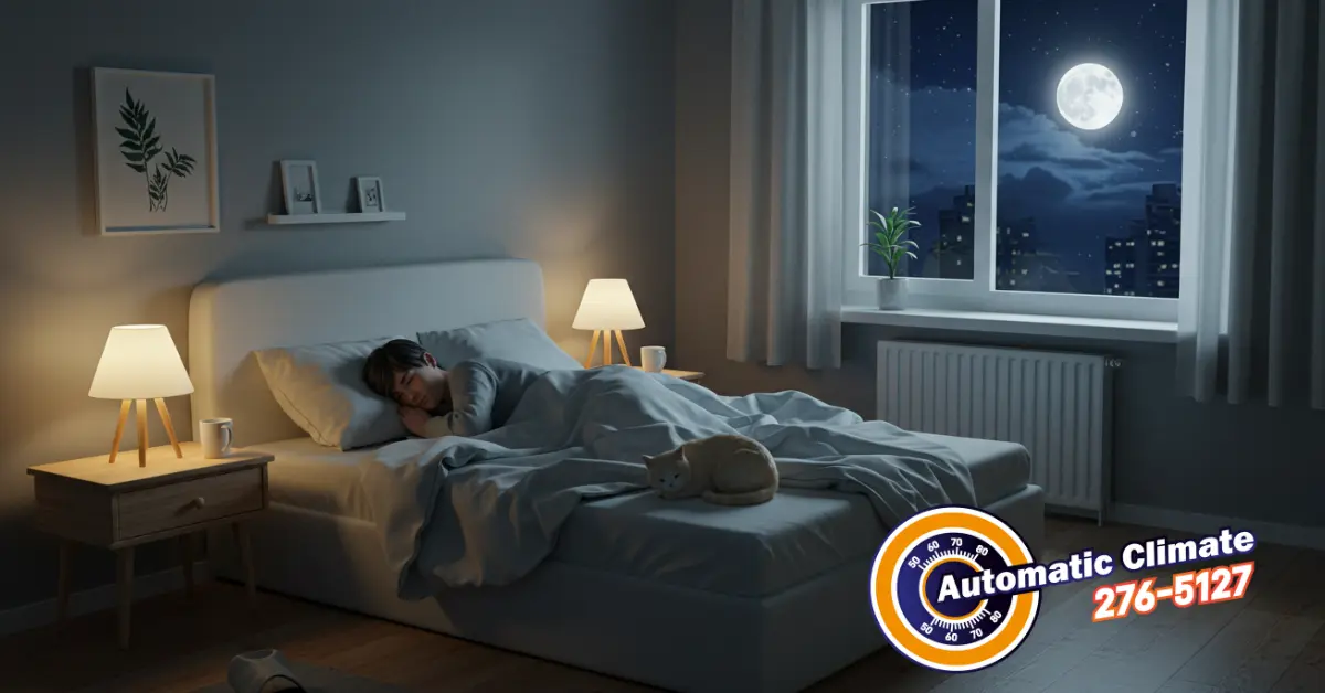 Homeowner sleeping peacefully at night with cat on bed and Automatic Climate logo