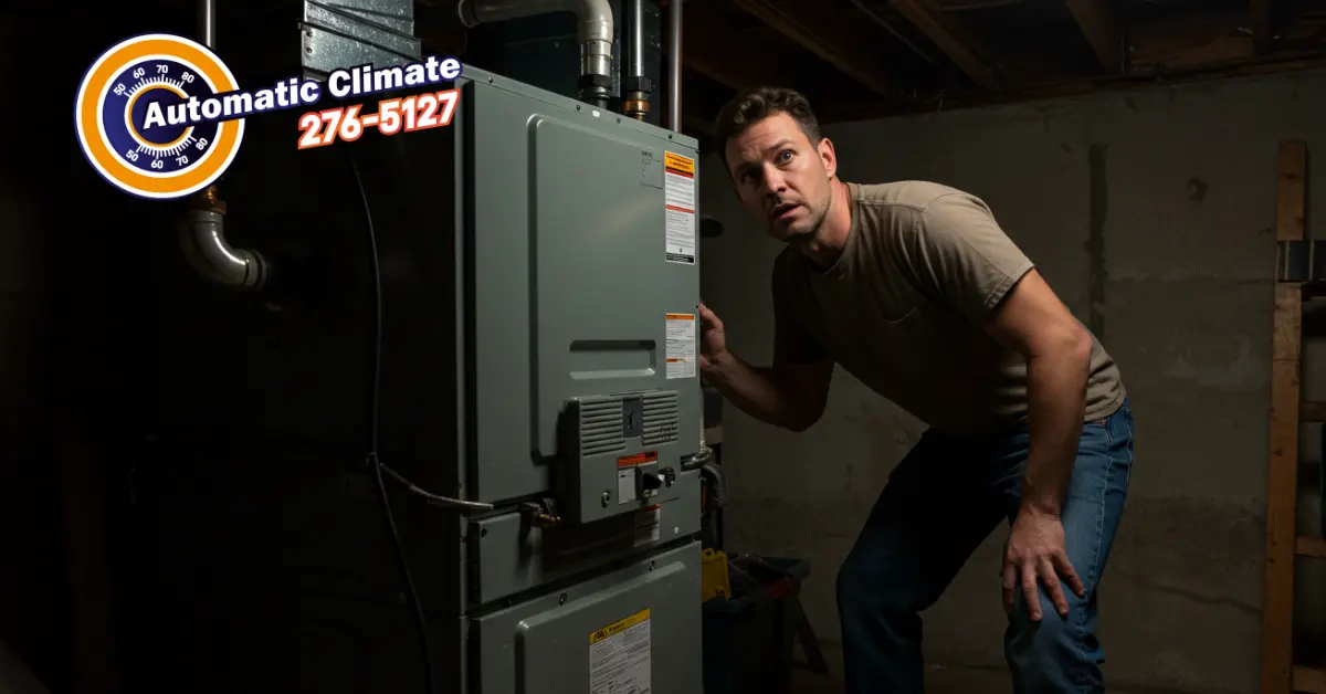Richmond homeowner concerned about HVAC system making strange or loud noises, inspecting furnace unit.