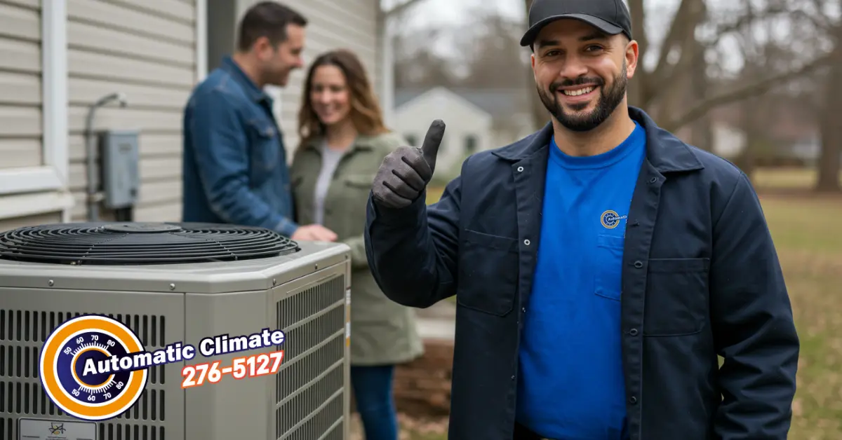 Smiling Automatic Climate tech gives thumbs-up after fixing HVAC system making strange or loud noises in Richmond.