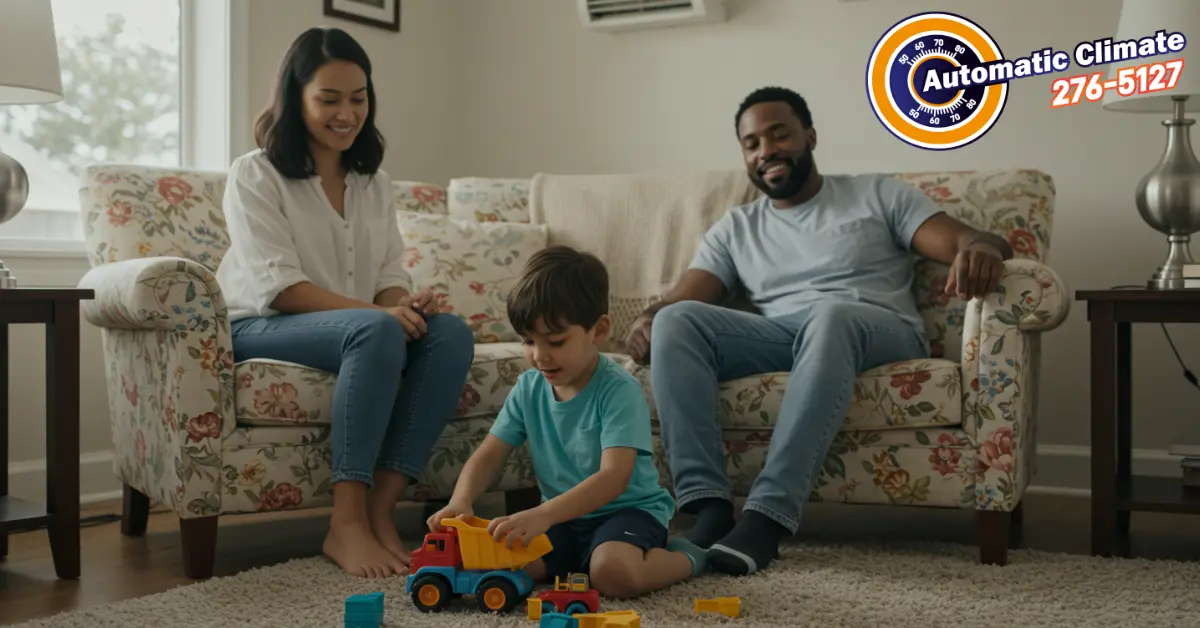 Happy diverse family enjoying perfect home comfort in their living room after HVAC service.