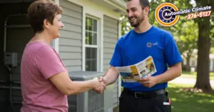 Professional HVAC technician shaking hands with a satisfied female customer after service.