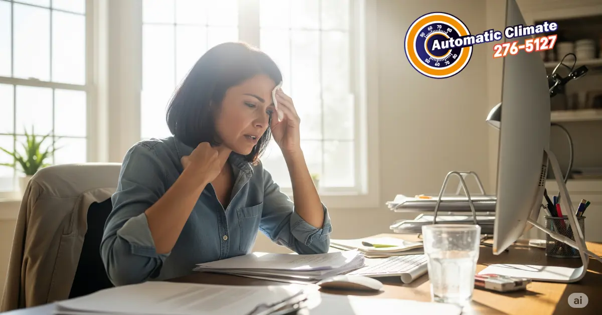 Woman sweating and frustrated at her desk, experiencing a hot indoor temperature due to a broken AC.