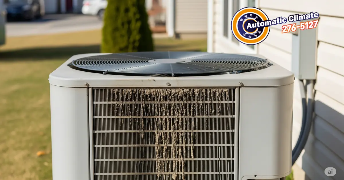 Close-up of a dirty outdoor AC condenser unit with accumulated debris and grime on the fins.