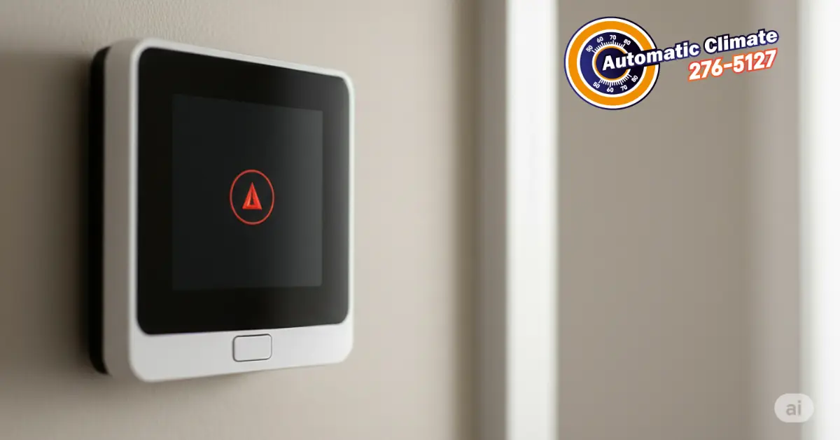 Smart thermostat displaying a red warning triangle icon, indicating an AC system error.