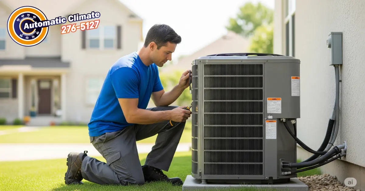 HVAC technician in a blue shirt kneeling beside an outdoor AC condenser unit, performing maintenance or inspection.