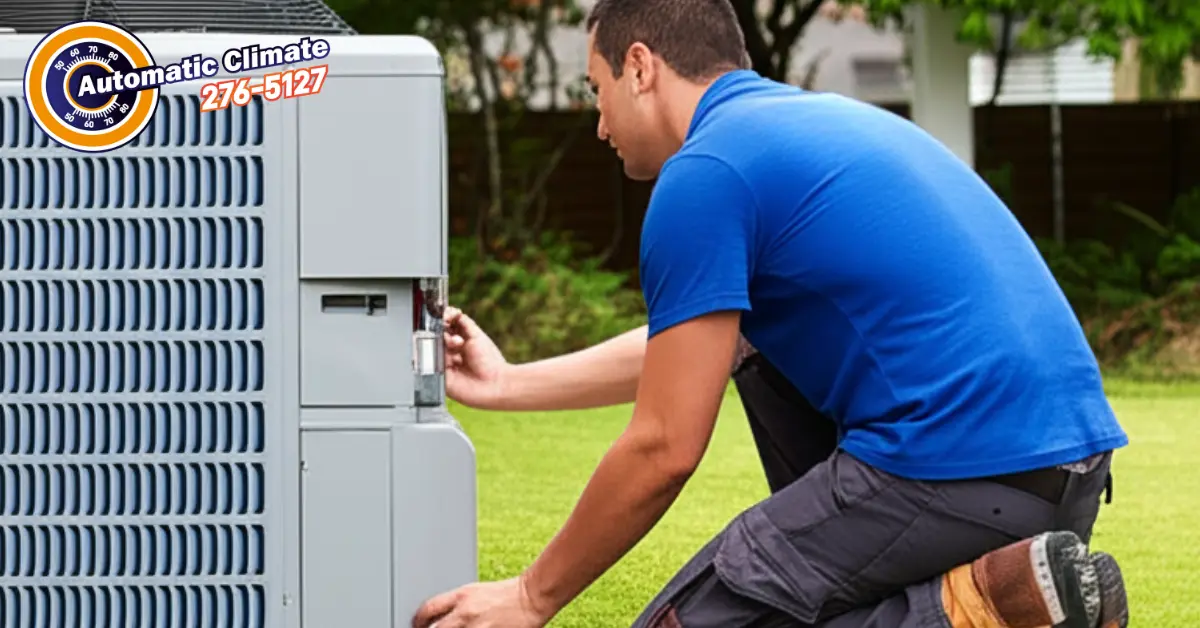 Close-up of an HVAC technician inspecting or repairing the lower side panel of an outdoor AC condenser unit.