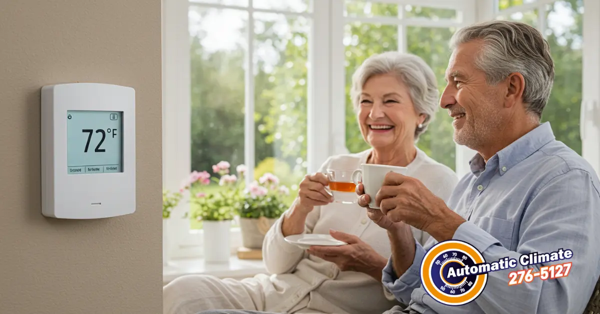 Happy senior couple enjoying tea by a bright window, a classic digital thermostat on the wall displaying a comfortable 72°F.