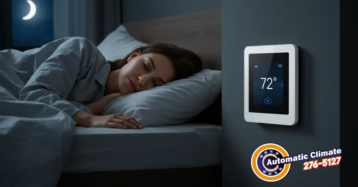 Woman sleeping peacefully in bed at night, with a smart thermostat on the dark wall showing 72°F for optimal nighttime comfort.