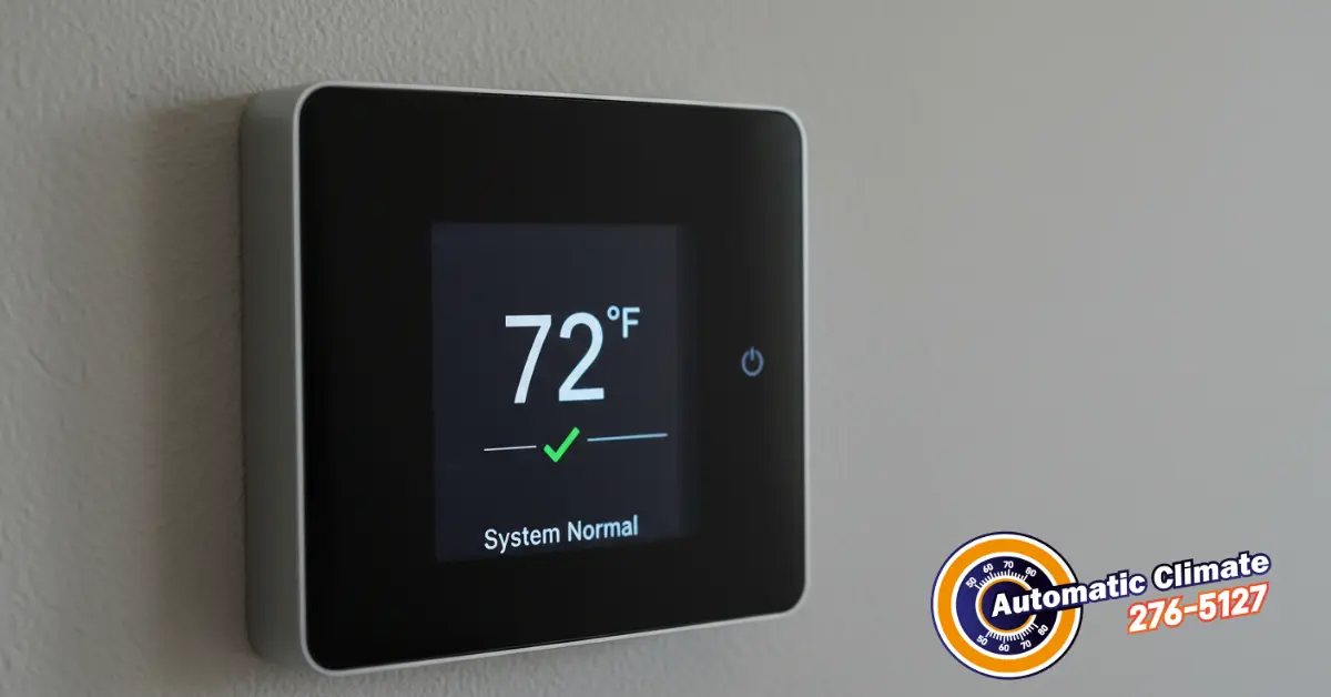 Modern digital thermostat displays 72°F, a green checkmark, and 'System Normal,' indicating a properly functioning HVAC system.