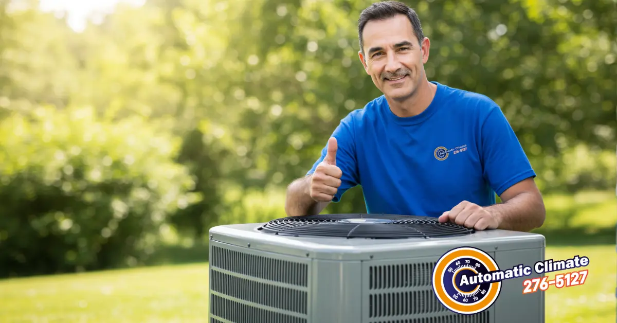 HVAC technician giving thumbs up next to outdoor AC unit