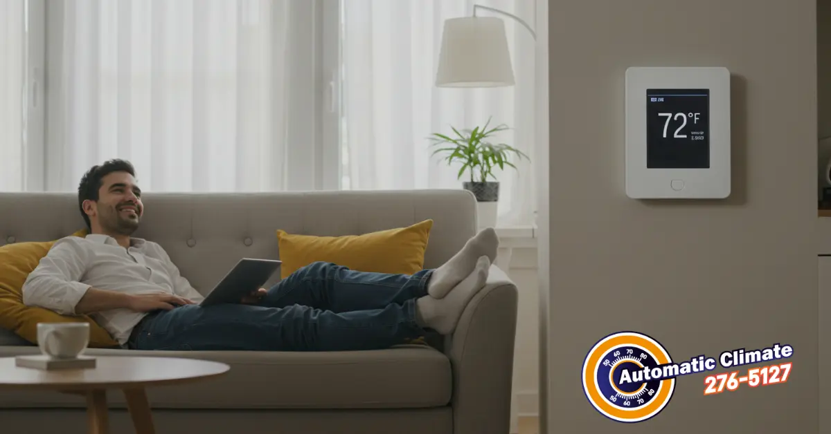 Man smiling and relaxing on a sofa with a tablet, a smart thermostat on the wall showing 72°F, ensuring his comfortable home environment.