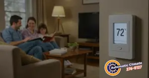 Family relaxing comfortably on a sofa reading a book, with a thermostat on the wall maintaining a pleasant 72°F in their living room.