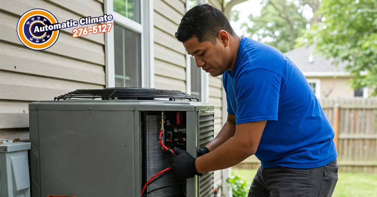 HVAC technician working on outdoor air conditioner unit