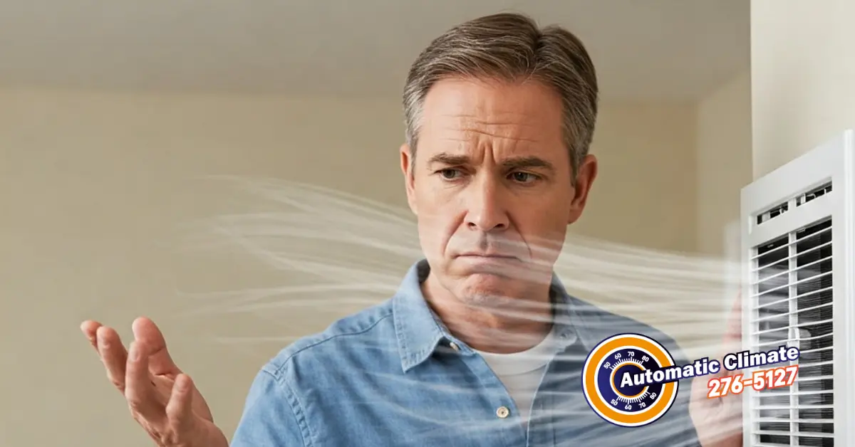 Man looking confused by weak airflow from HVAC vent