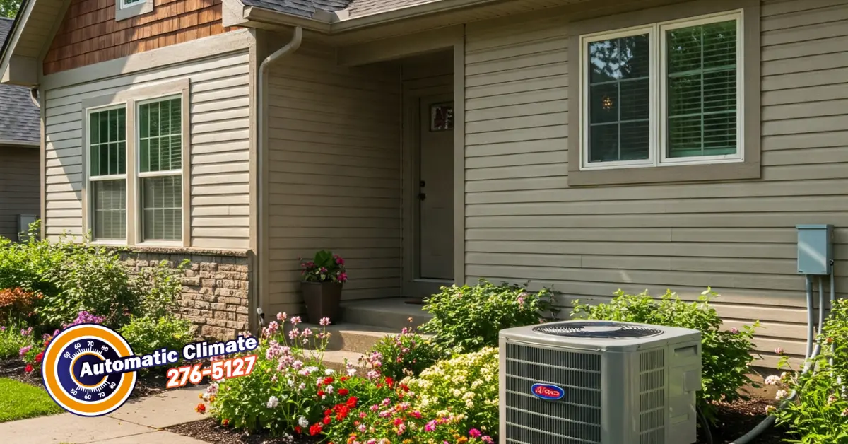 Residential home with an outdoor AC unit and landscaping