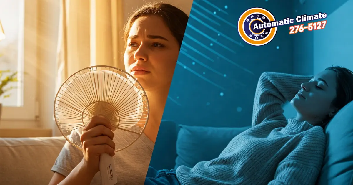 Woman fanning herself in hot room, contrasted with woman relaxing in cool room