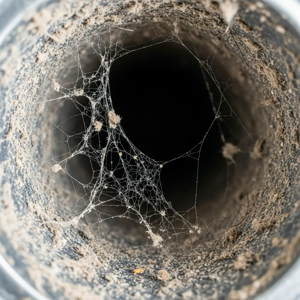 Dirty air duct filled with dust and debris