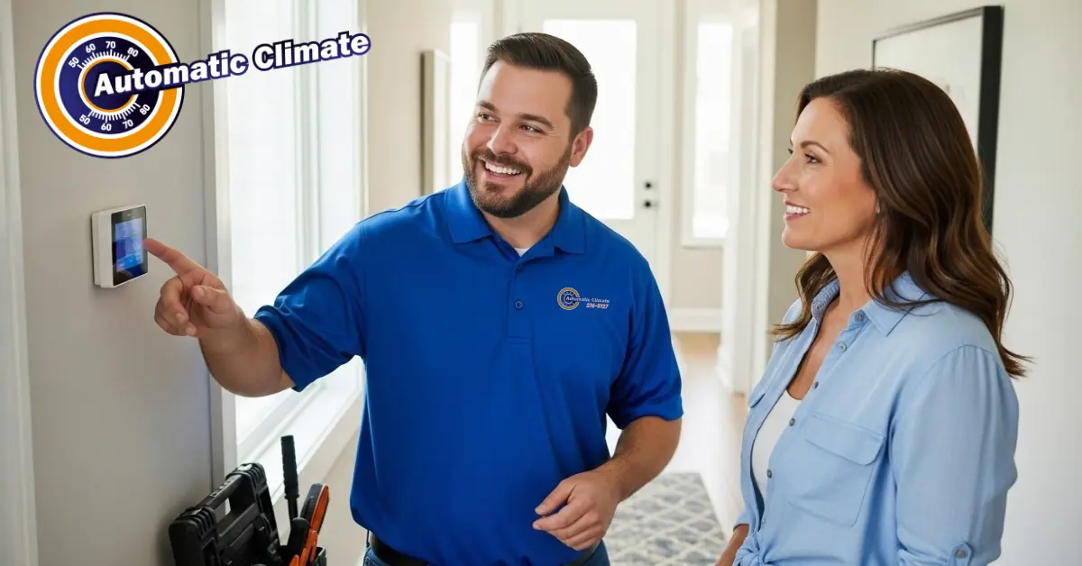 a automatic climate HVAc technician helping a customer