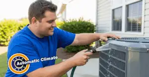 Man cleaning outdoor air conditioning unit