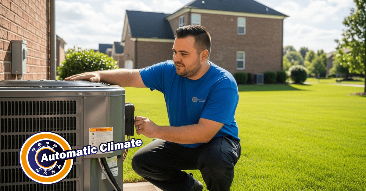 Technician servicing outdoor HVAC unit.