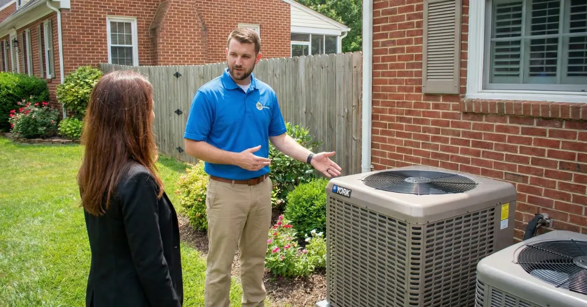 Automatic Climate technician discussing HVAC system details with a Richmond homeowner